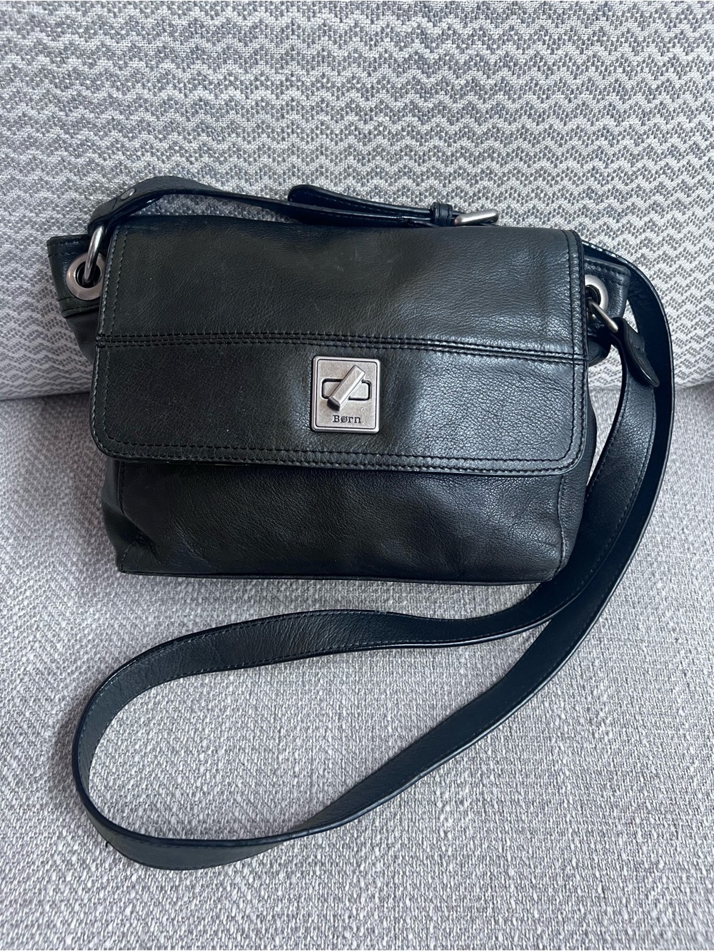 Born Black Leather Crossbody Bag Flap Shoulder Handbag Silver Hardware
